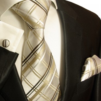 Ivory braun necktie set 3pcs + handkerchief + cufflinks 943
