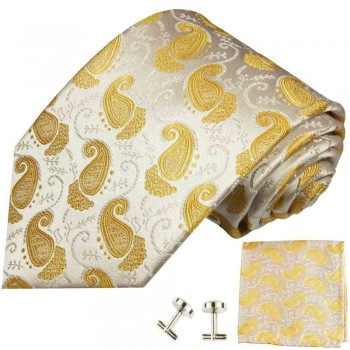 Krawatte ivory gold paisley Seidenkrawatte - Seide - Krawatte mit Einstecktuch und Manschettenknöpfe