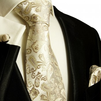 Krawatte ivory braun paisley Seidenkrawatte - Seide - Krawatte mit Einstecktuch und Manschettenknöpfe