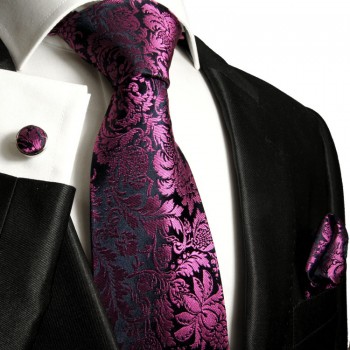 Black pink necktie set 3pcs + handkerchief + cufflinks 688