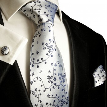 Silver blue necktie set 3pcs + handkerchief + cufflinks 974