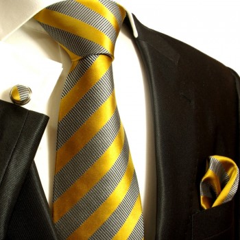 Gold grey necktie set 3pcs + handkerchief + cufflinks 640
