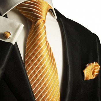 Gold striped necktie set 3pcs + handkerchief + cufflinks 760