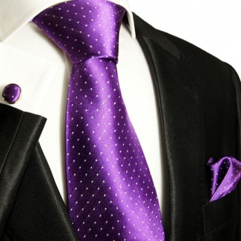 Krawatte lila gepunktet Seidenkrawatte - Seide - Krawatte mit Einstecktuch und Manschettenknöpfe