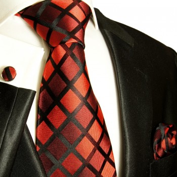 Red black necktie set 3pcs + handkerchief + cufflinks 481