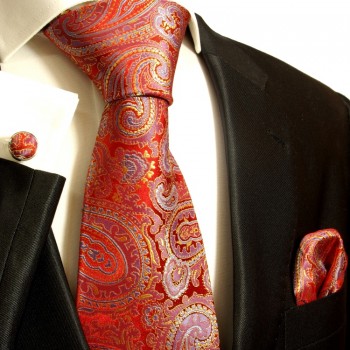 Red paisley necktie set 3pcs + handkerchief + cufflinks 696