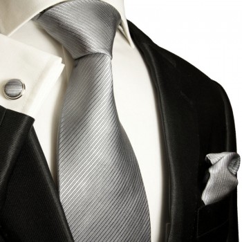Silver necktie set 3pcs 100% silk tie + handkerchief + cufflinks by Paul Malone 977