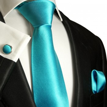 Krawatte türkis uni Seidenkrawatte - Seide - Krawatte mit Einstecktuch und Manschettenknöpfe