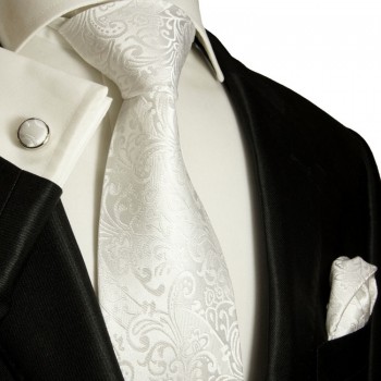 White necktie set 3pcs + handkerchief + cufflinks 946