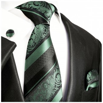 Mintgreen black striped necktie set 3pcs + handkerchief + cufflinks 2034