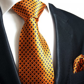 Orange blaues Krawatten Set 2tlg Seidenkrawatte + Einstecktuch 310