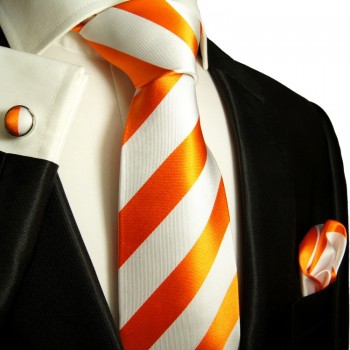 Orange white necktie set 3pcs + handkerchief + cufflinks 330