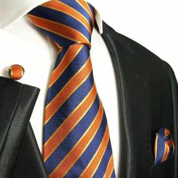 Orange blue necktie set 3pcs + handkerchief + cufflinks 728