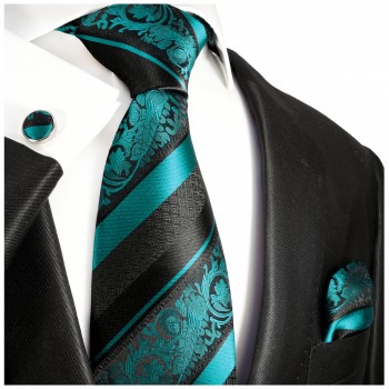 Petrol black striped necktie set 3pcs + handkerchief + cufflinks 2035