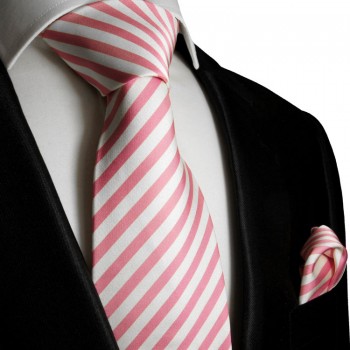 Pink white necktie set 2pcs 100% silk tie + handkerchief 127