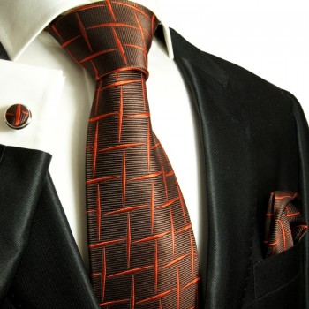 Red brown necktie set 3pcs + handkerchief + cufflinks 412