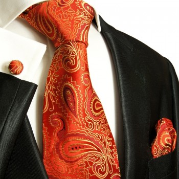 Red paisley necktie set 3pcs + handkerchief + cufflinks 680