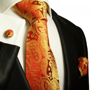 Red paisley necktie set 3pcs + handkerchief + cufflinks 695