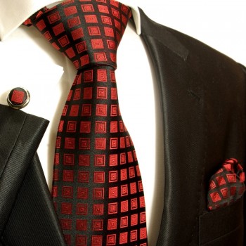 Black red necktie set 100% silk tie + handkerchief + cufflinks 764