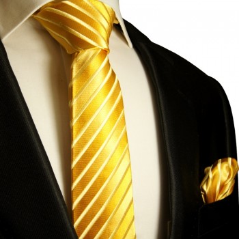 Krawattenset 2tlg gold schmale Seidenkrawatte 6cm + Einstecktuch von Paul Malone 8s