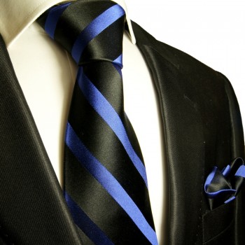 Schwarz blaues Krawatten Set 2tlg 100% Seidenkrawatte + Einstecktuch 295