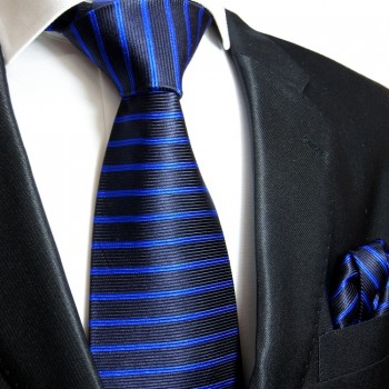 Schwarz blaue Krawatten Set 2tlg Seidenkrawatte + Einstecktuch 765
