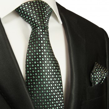 Schwarz grünes Krawatten Set 2tlg Seidenkrawatte + Einstecktuch 2047