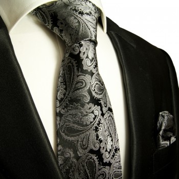 Schwarz silber Krawatten Set 2tlg Seidenkrawatte + Einstecktuch 627