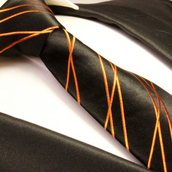 Krawatte orange schwarz 100% Seide gestreift 359