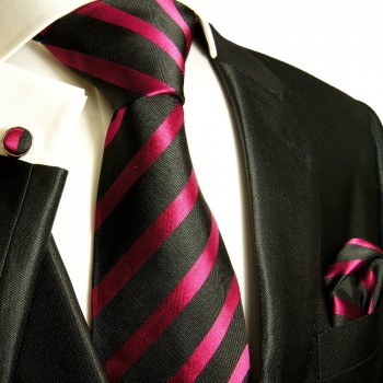 Black pink necktie set 3pcs + handkerchief + cufflinks 463