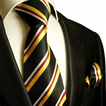 Black gold red necktie set 2pcs 100% silk tie + handkerchief 132
