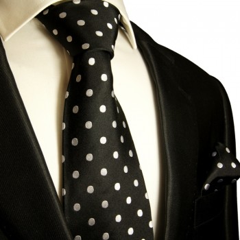 Schwarz silber gepunktetes Krawatten Set 2tlg Seidenkrawatte + Einstecktuch 976