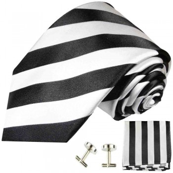 Krawatte schwarz weiss gestreift Seidenkrawatte - Seide - Krawatte mit Einstecktuch und Manschettenknöpfe