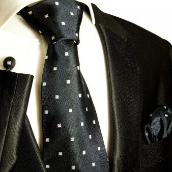Black necktie set 3pcs + handkerchief + cufflinks 523