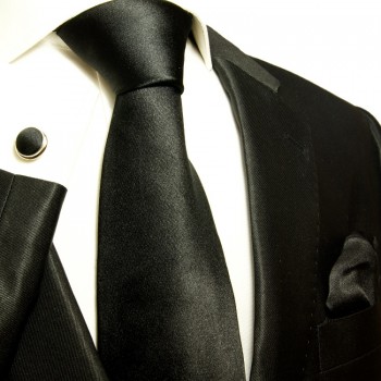 Black necktie set 3pcs + handkerchief + cufflinks 952