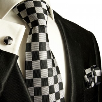 Black silver necktie set 100% silk tie + handkerchief + cufflinks 402