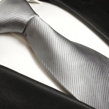 Krawatte silber grau uni Seidenkrawatte - Seide - Krawatte mit Einstecktuch und Manschettenknöpfe