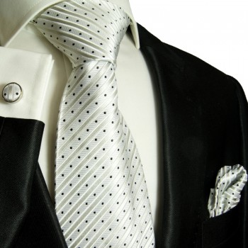 White silver necktie set 100% silk tie + handkerchief + cufflinks 423