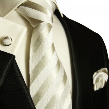 White silver necktie set 3pcs + handkerchief + cufflinks 401