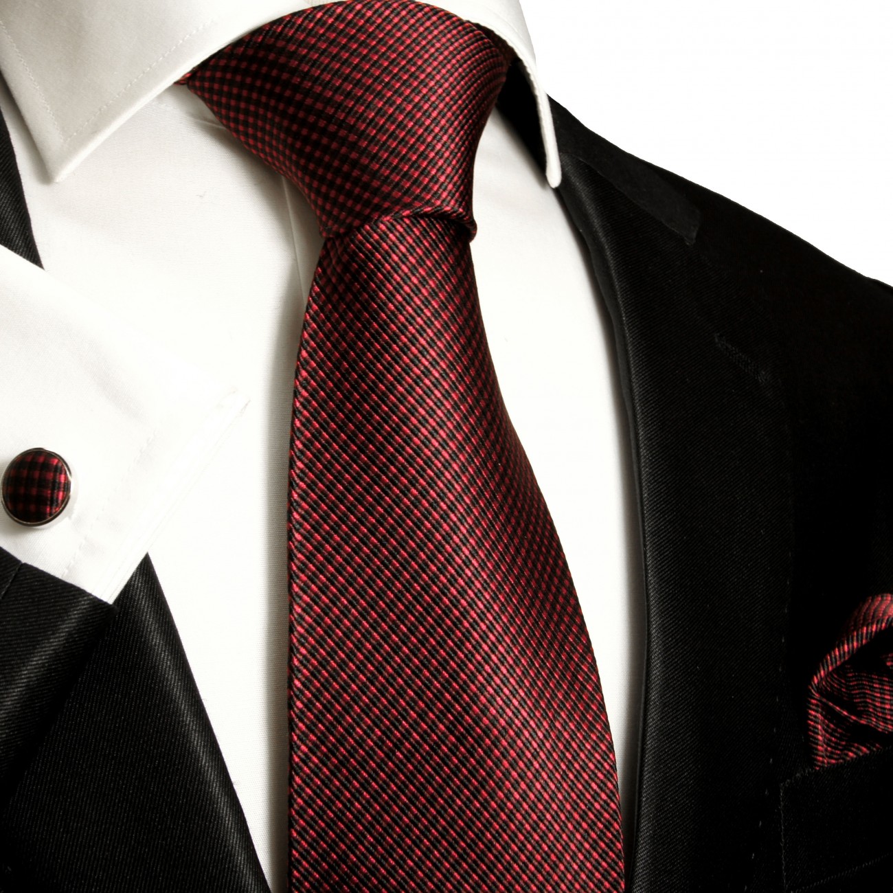 Krawatte weinrot gepunktet Seidenkrawatte - Seide - Krawatte mit Einstecktuch und Manschettenknöpfe
