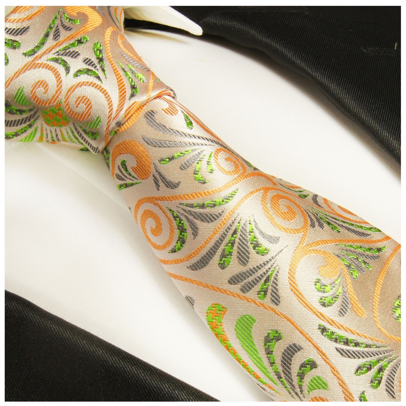 Krawatte orange grün floral Seidenkrawatte - Seide - Krawatte mit Einstecktuch und Manschettenknöpfe