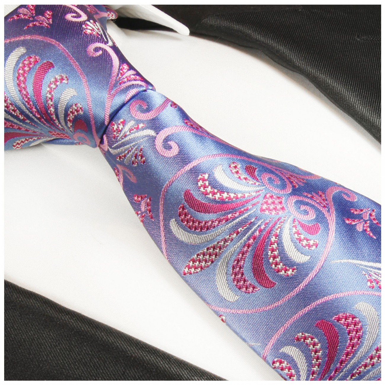 Krawatte blau pink floral Seidenkrawatte - Seide - Krawatte mit Einstecktuch und Manschettenknöpfe