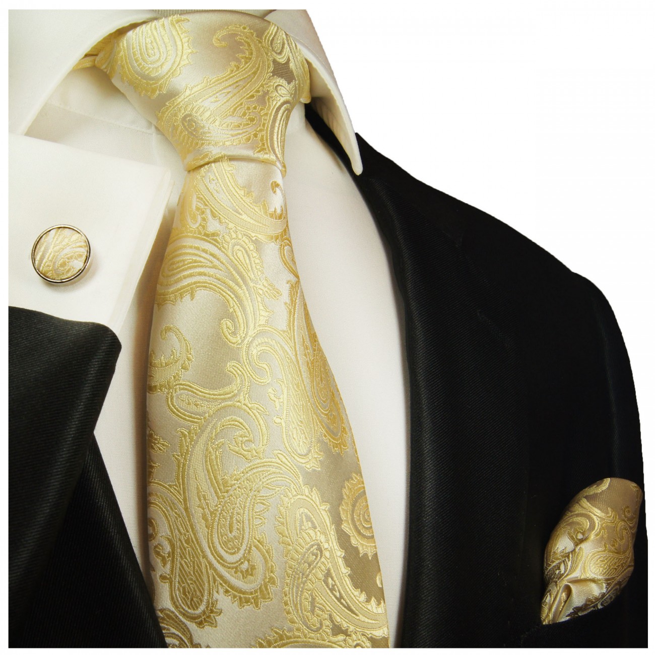 Krawatte gelb paisley Seidenkrawatte - Seide - Krawatte mit Einstecktuch und Manschettenknöpfe