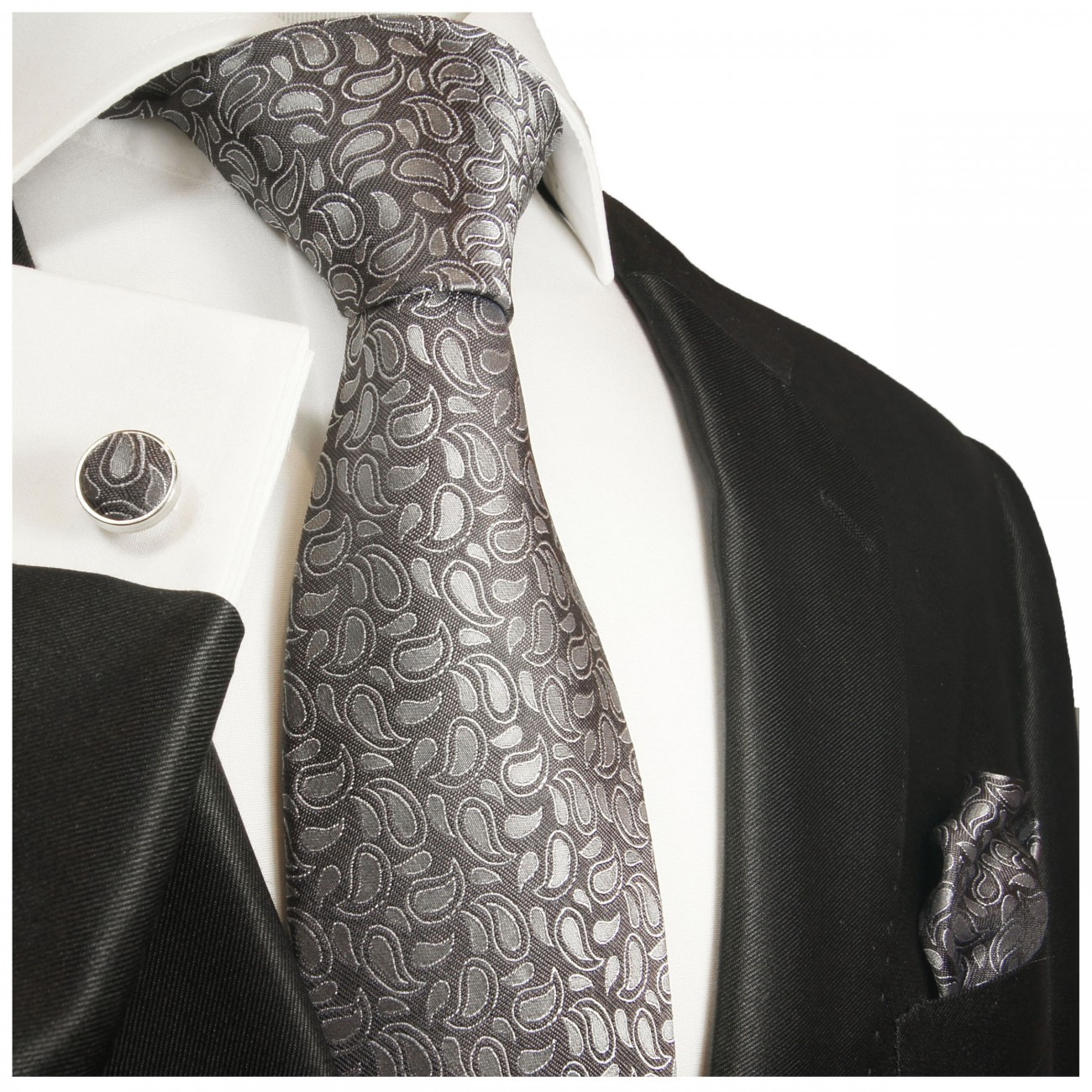 Krawatte silber grau paisley Seidenkrawatte - Seide - Krawatte mit Einstecktuch und Manschettenknöpfe