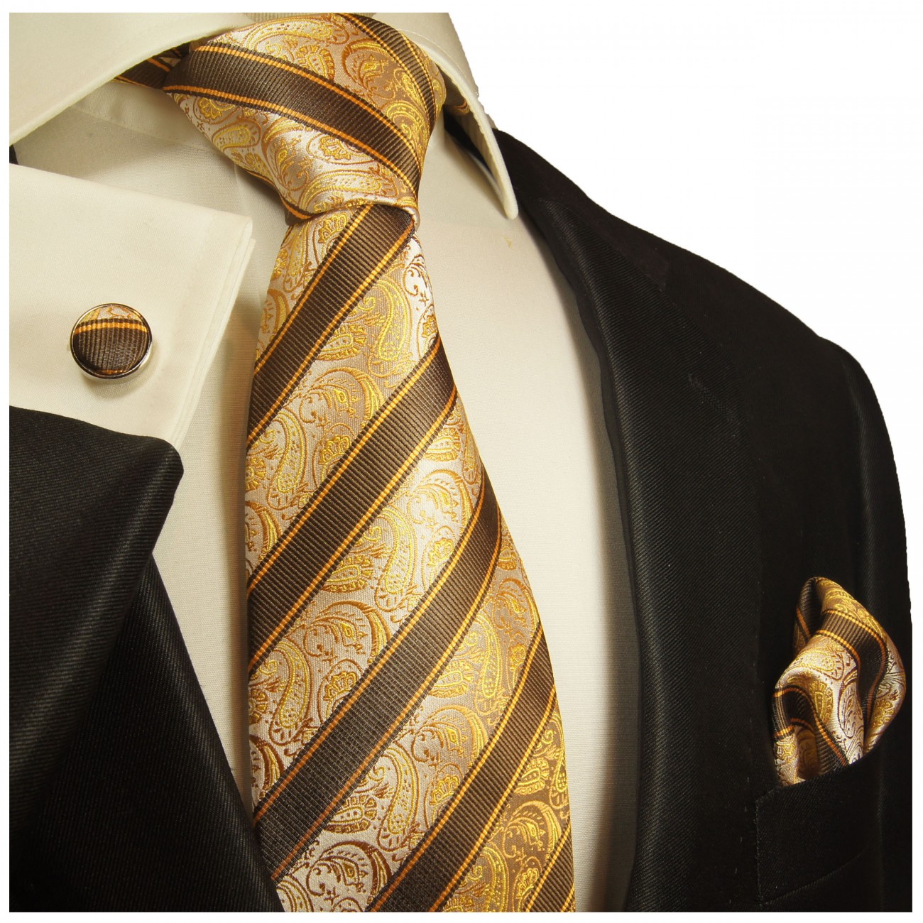 Krawatte braun gold gestreift Seidenkrawatte - Seide - Krawatte mit Einstecktuch und Manschettenknöpfe