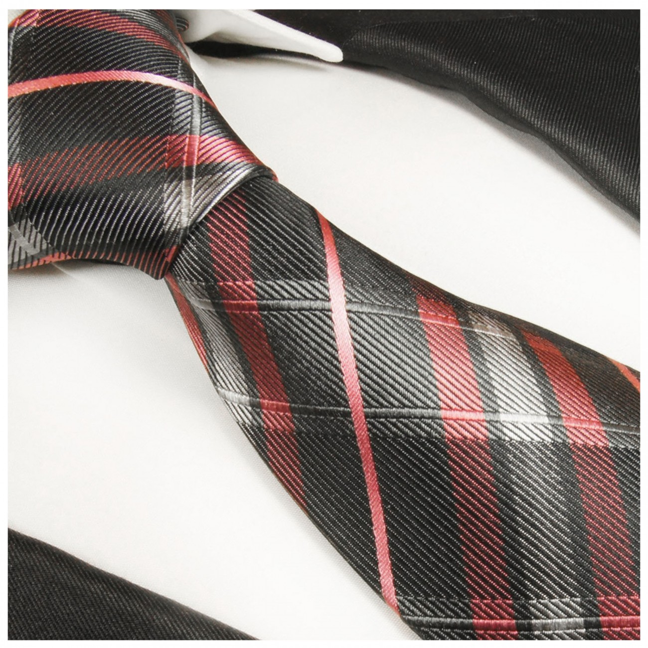 Krawatte schwarz pink Schottenmuster Seidenkrawatte - Seide - Krawatte mit Einstecktuch und Manschettenknöpfe