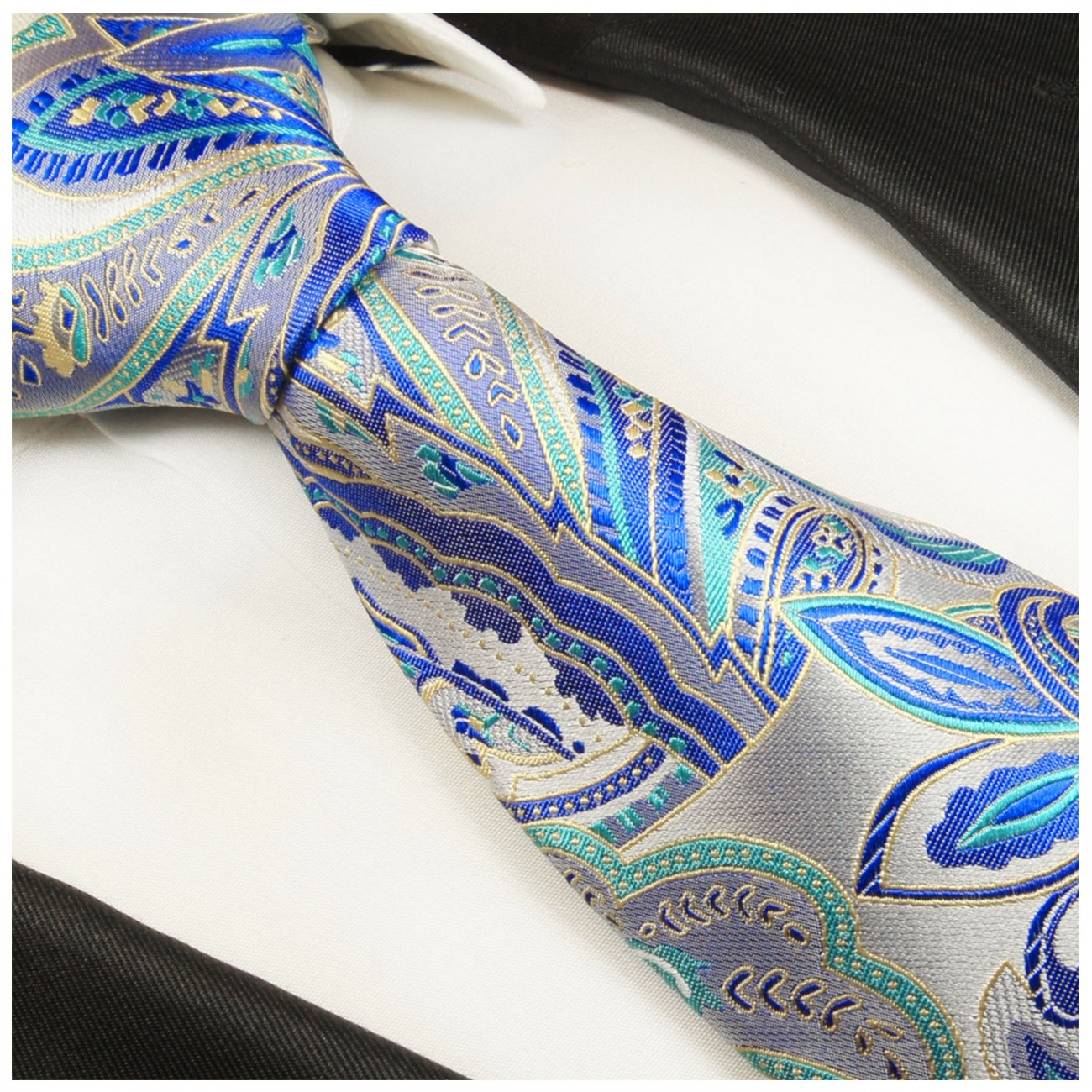 Krawatte blau silber paisley Seidenkrawatte - Seide - Krawatte mit Einstecktuch und Manschettenknöpfe
