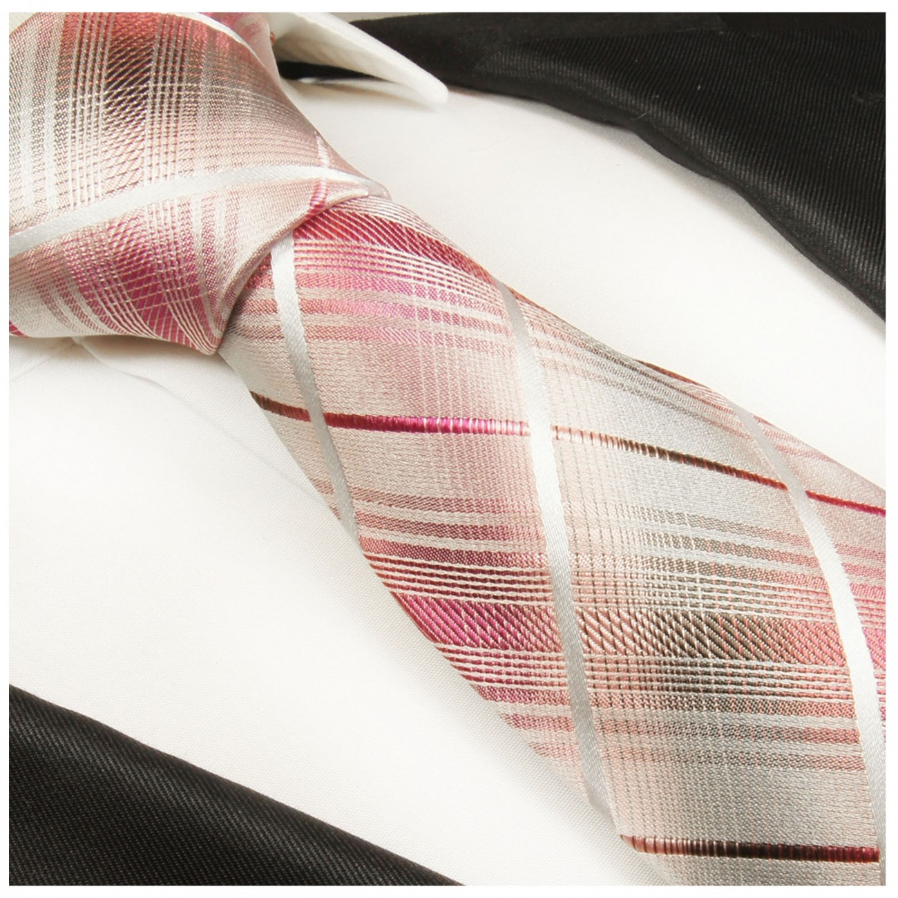 Krawatte pink grau gestreift Seidenkrawatte - Seide - Krawatte mit Einstecktuch und Manschettenknöpfe