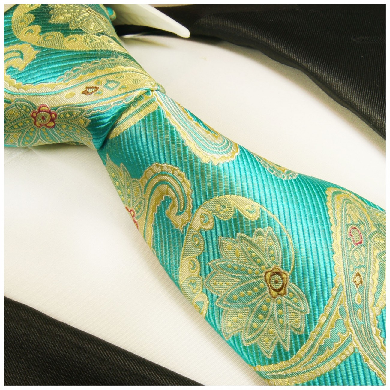 Krawatte türkis gelb paisley Seidenkrawatte - Seide - Krawatte mit Einstecktuch und Manschettenknöpfe