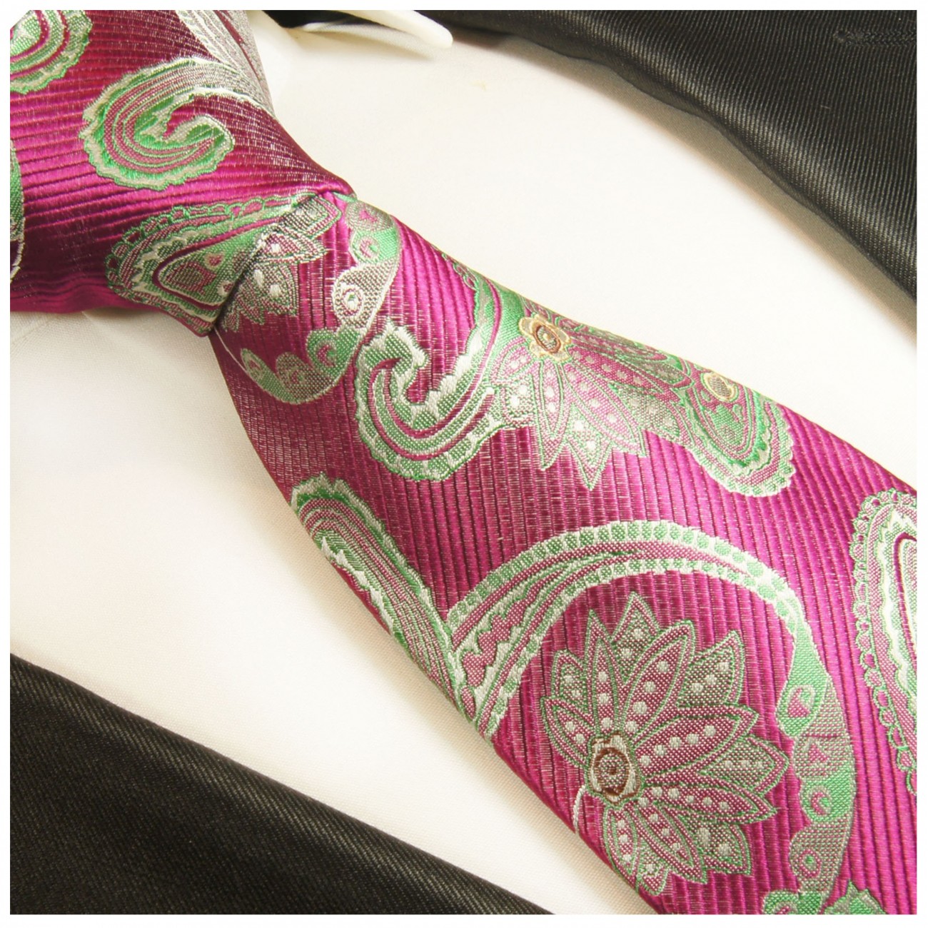 Krawatte pink grün paisley Seidenkrawatte - Seide - Krawatte mit Einstecktuch und Manschettenknöpfe